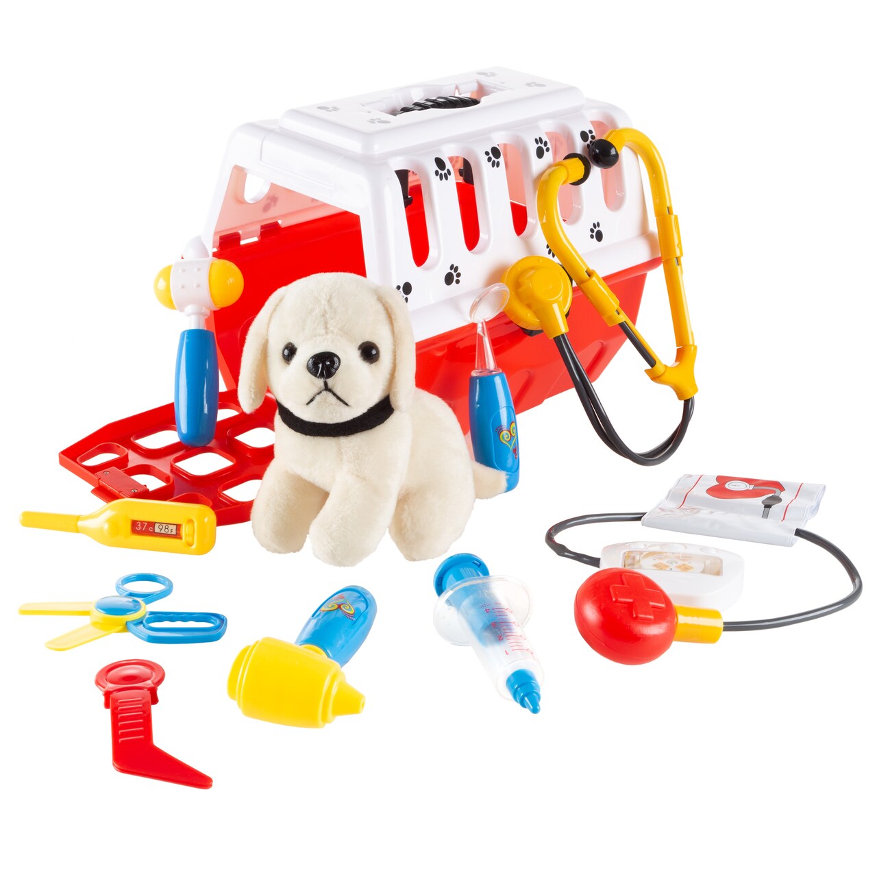 Kids Veterinary Set 11 Piece Plush Dog Carrier Animal Medical Supplies Toys